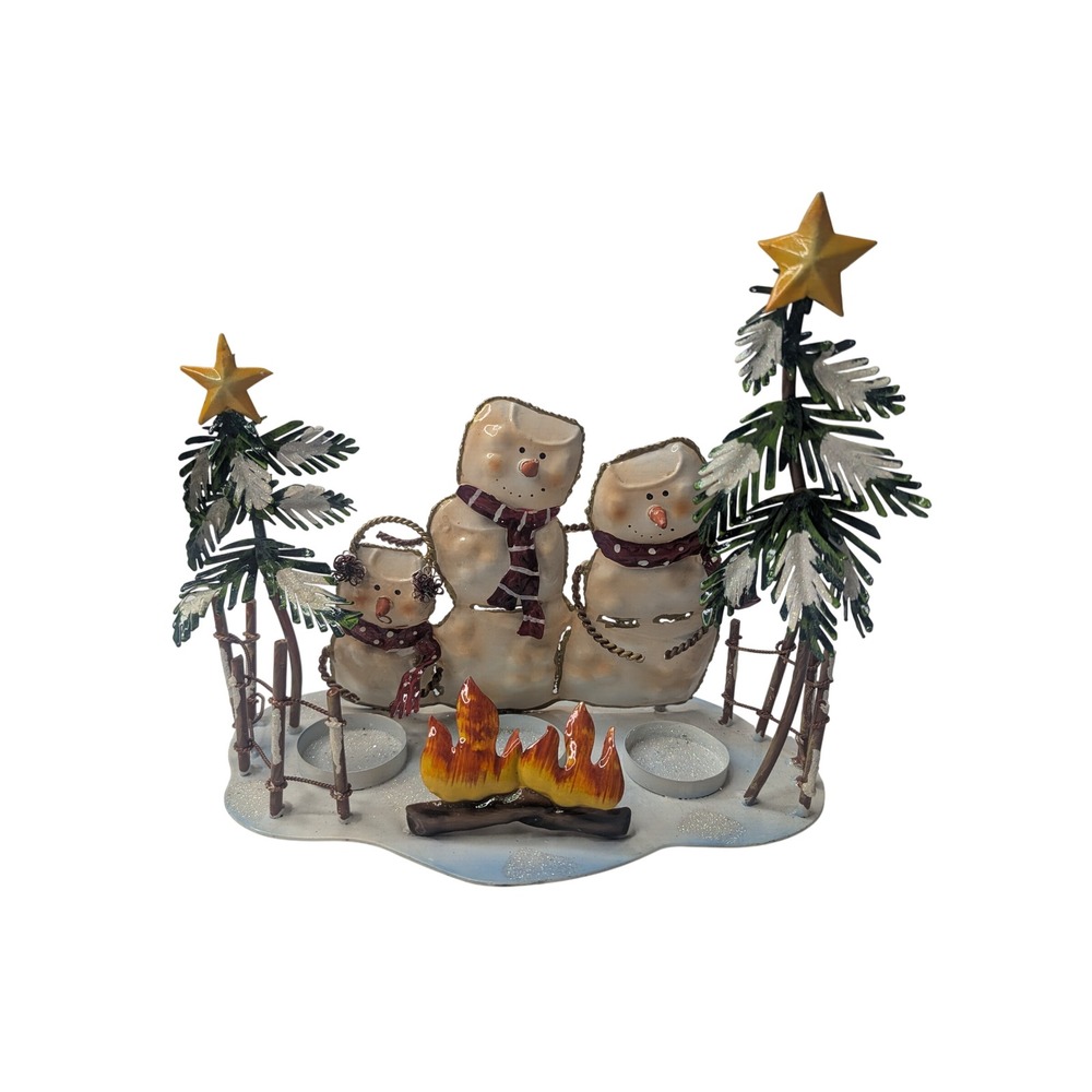 Snowman Family Campfire Tea Light Candle Holder Christmas Holiday Decor